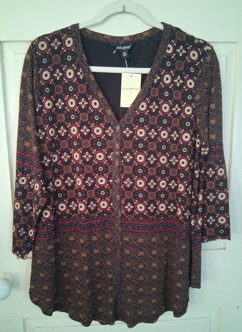 Lucky Brand Women's V-Neck Button Up Patterned Tunic - Burgundy/Black/Tan Sz 1X